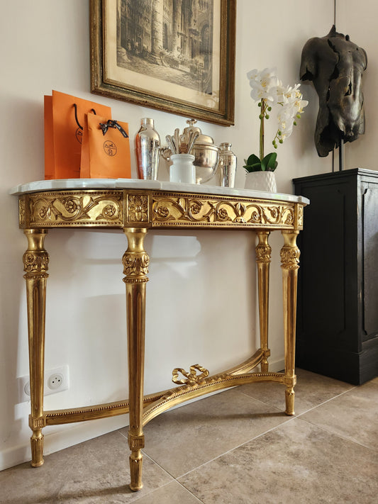 Console bois doré, marbre de Carrare, Louis XVI.
