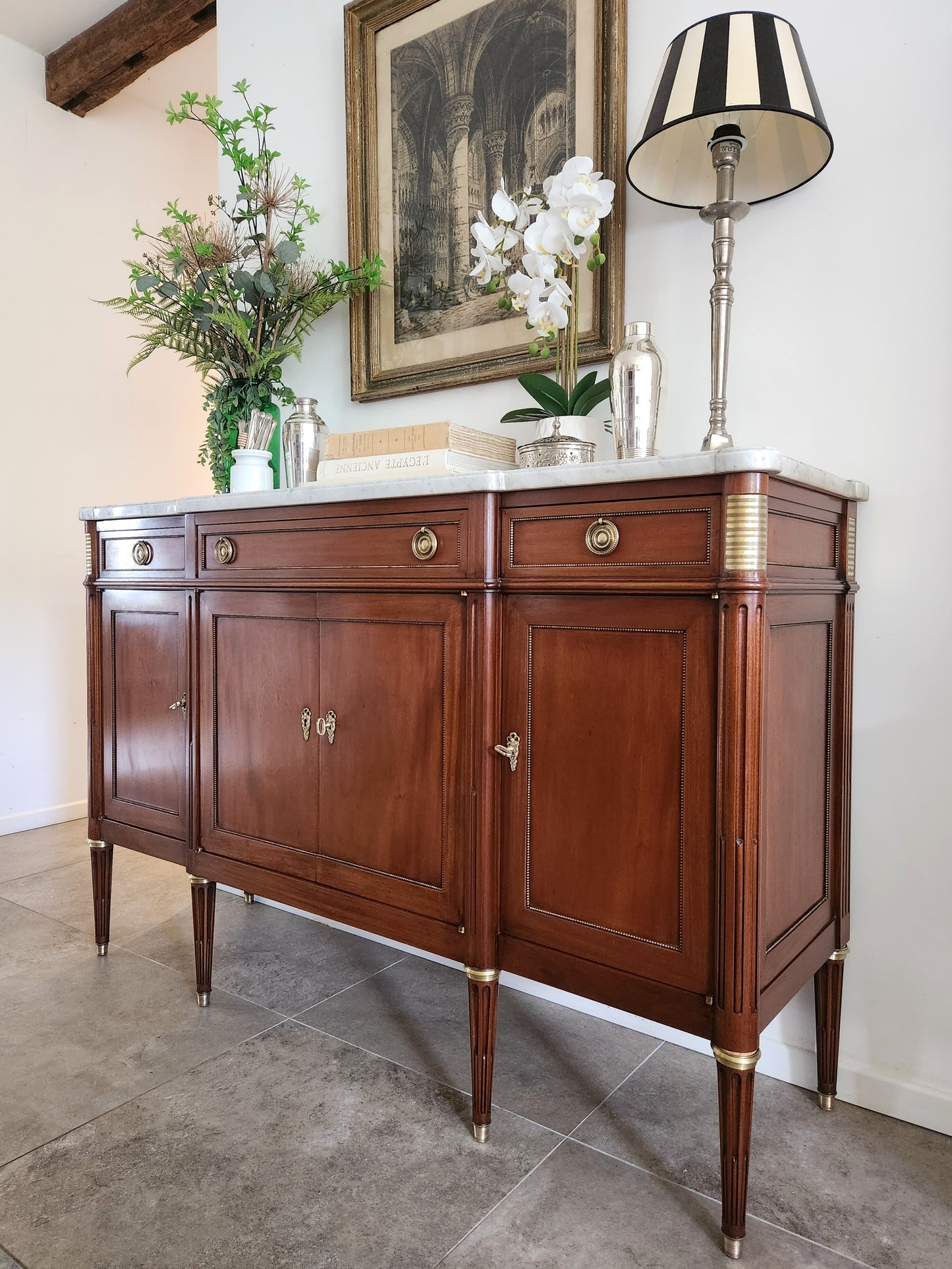 Buffet ancien Louis XVI, marbre de Carrare et Bronze.