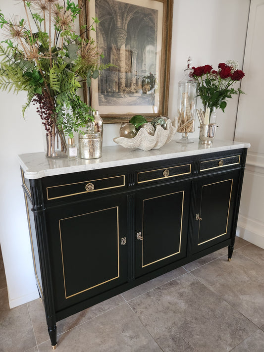 Buffet Louis XVI, marbre de Carrare, bronze & laiton