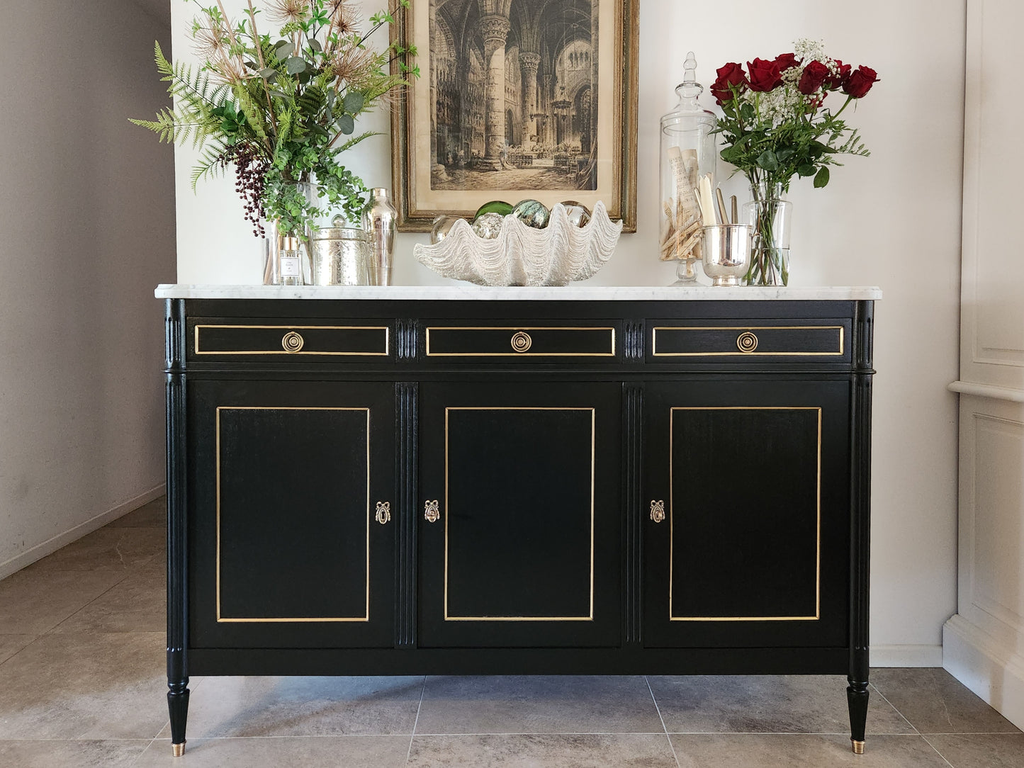 Buffet Louis XVI, marbre de Carrare, bronze & laiton