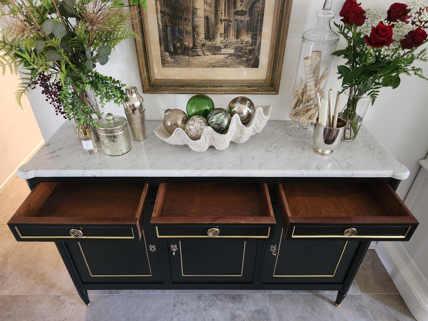 Buffet Louis XVI, marbre de Carrare, bronze & laiton