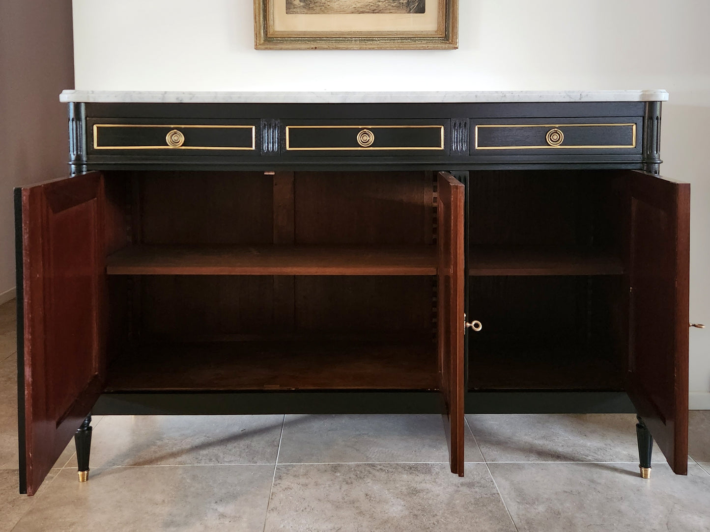 Buffet Louis XVI, marbre de Carrare, bronze & laiton