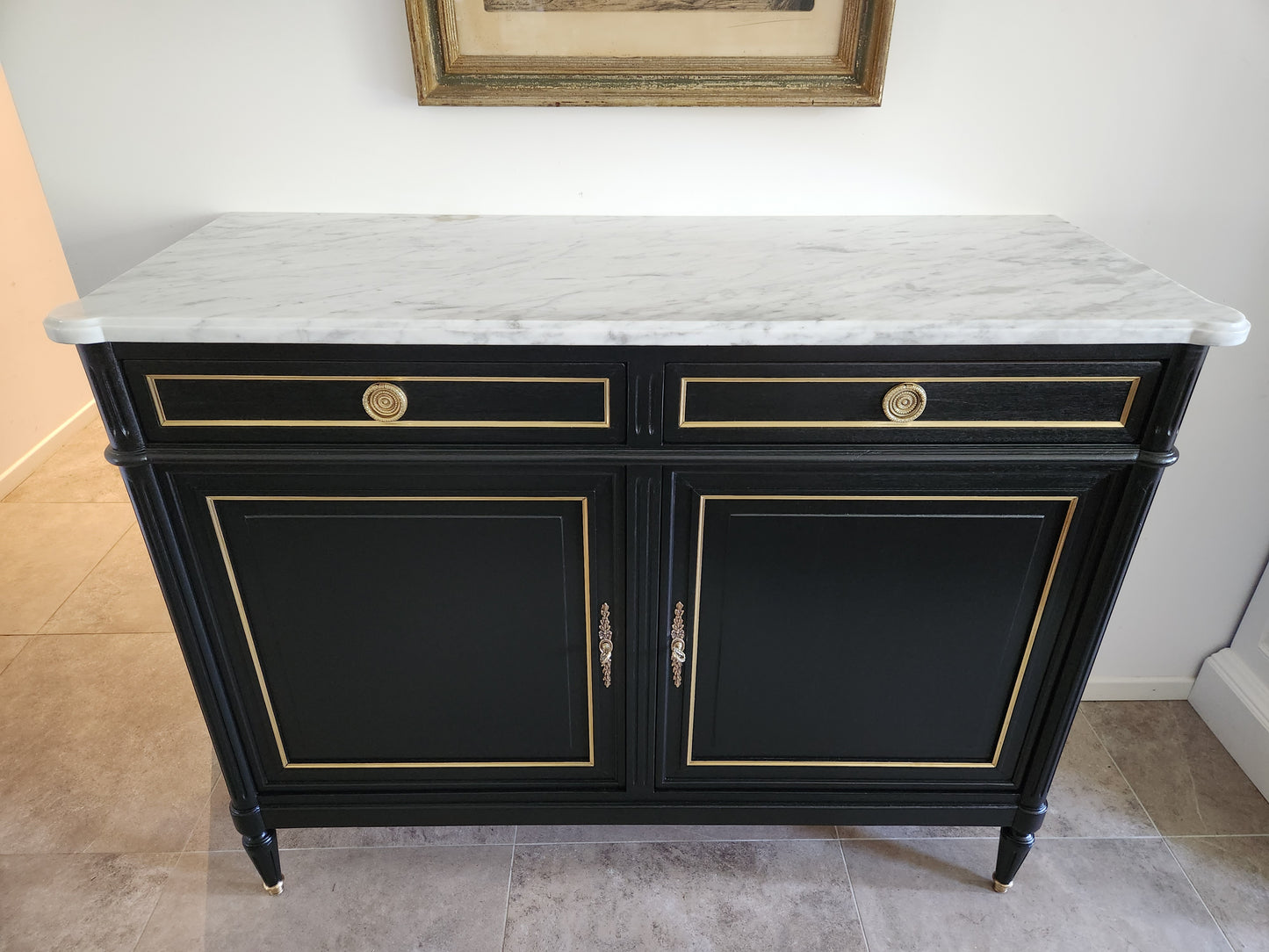 Buffet Louis XVI, marbre de Carrare, Bronze.